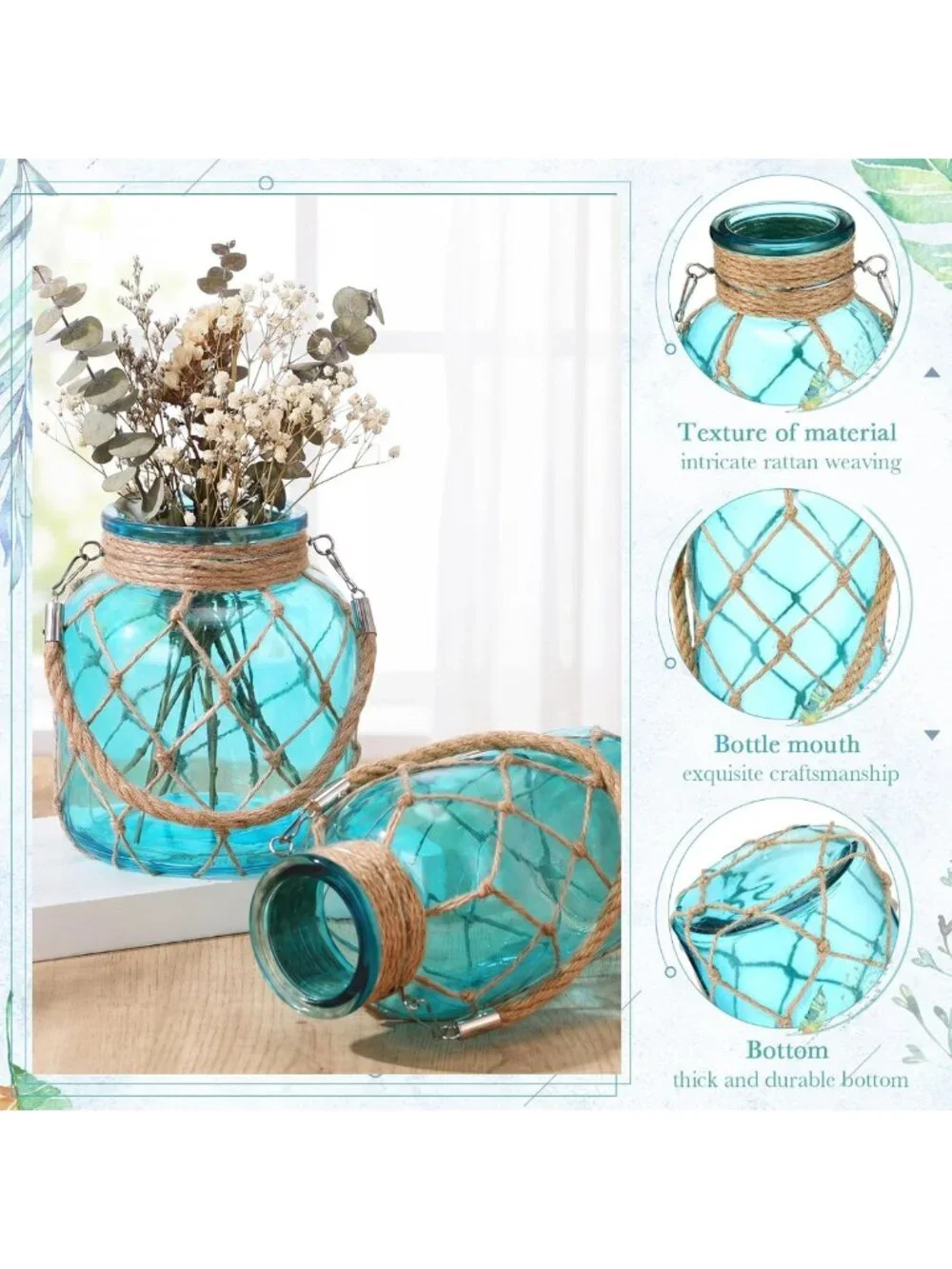 Set of 2 Boho Rope Net Hanging Vases - Rattan & Sea Glass for Beachy Decor